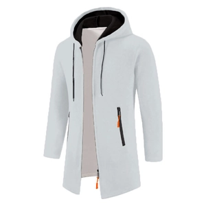 Detail view of longline hooded jacket with contrast black lining and orange zipper puller