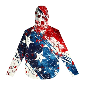 Rear view of hooded sun protection jacket with red and blue paint splash and star patterns