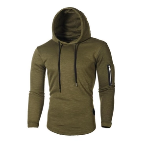 Detail of army green textured hoodie showing the tactical sleeve zipper pocket and drawstrings
