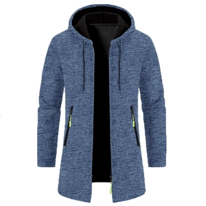 Blue heather longline zip-up hoodie for men with neon green zippers on white background