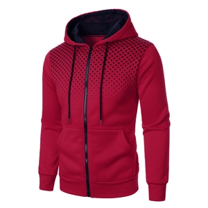 Red men's zip-up hoodie with black gradient polka dots and ribbed cuffs for casual wear