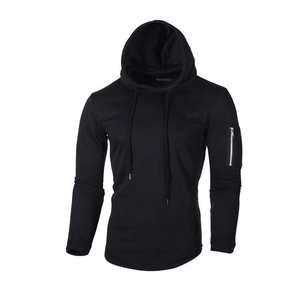 Detail of black hoodie sleeve featuring a functional metal zipper pocket and ribbed cuff