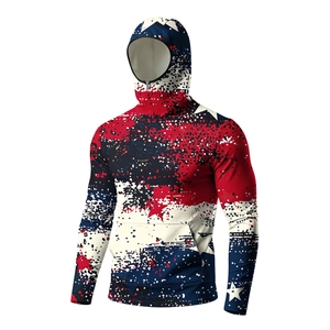Detail of hooded sun protection jacket featuring US flag camo print and face mask