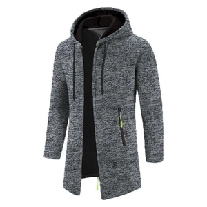 Men's long knit hooded cardigan in heather gray with a neon green zipper pocket