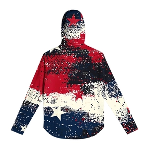 Back view of men's hooded sun protection jacket with red and blue splash star patterns