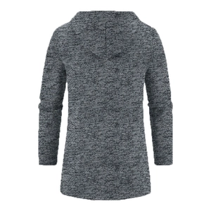 Detail view of the salt and pepper knit texture and hood on a men's hooded cardigan