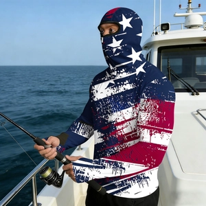 Men's fishing sun hoodie with star and stripes pattern on a boat deck background