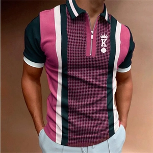 Polo da uomo a maniche corte con zip, motivo pied de poule e design a strisce moderne