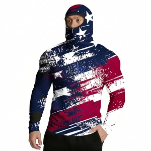 Detail of hooded sun protection jacket featuring vintage American flag camouflage print