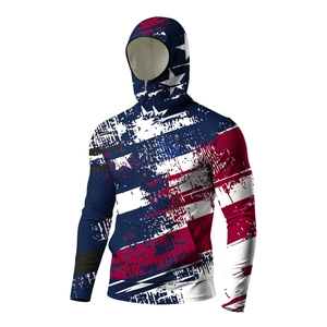Detail of hooded sun protection jacket with integrated mask and American flag print
