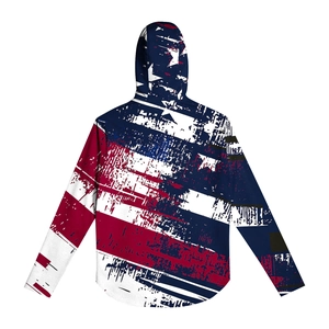 Detail view of men's camouflage sun protection hoodie with distressed American flag print