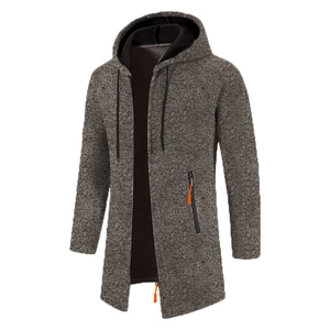 Detail of dark grey fleece hood and orange zipper puller on men's knit cardigan jacket