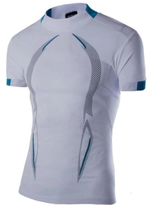 Close-up of white breathable athletic tee with blue accents and geometric lines