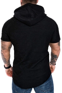 Men's black hooded t-shirt back view with pleated shoulders and curved hem detail