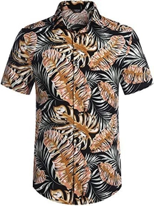 Details des tropischen Blätterdrucks und des Button-Down-Kragens am Hawaii-Hemd