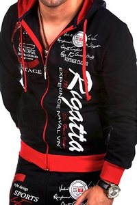 Close-up of men's zip hoodie with vintage letter prints and black-red contrast design