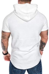 Rear view of white hooded t-shirt showing textured fabric and curved hem detail