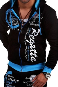 Close-up of men's athletic hoodie with blue ribbed cuffs and vintage printed text