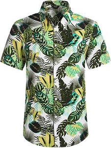 Detail des tropischen Blumendrucks auf einem atmungsaktiven Hawaii-Kurzarmhemd