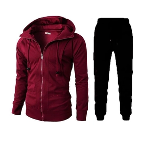 Men's two-piece sports tracksuit with burgundy zip hoodie and black jogger pants