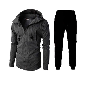 Men's dark gray hooded zipper track jacket with black slim fit sports pants set