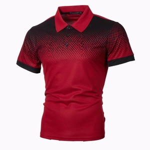 Men's slim fit polo shirt with red and black 3D geometric gradient print on white background