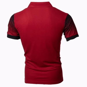 Back view of men's slim fit polo shirt with dark red gradient and black geometric print