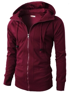 Close-up of burgundy men's fleece hoodie with jacquard texture and metal zipper