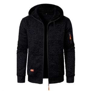 Cardigan sportivo da uomo con cappuccio in maglia nera e dettagli zip arancioni vivaci