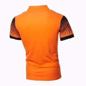 Back view of slim fit orange polo shirt featuring black geometric patterns on sleeves