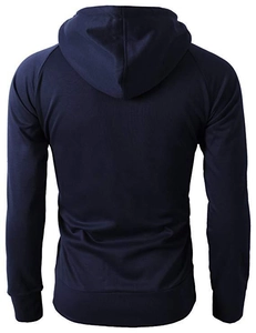 Rear view of deep blue hooded sports sweatshirt with raglan sleeves and ribbed cuffs