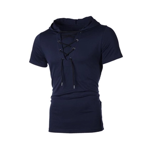 Sudadera de manga corta azul oscuro para hombre con cuello en V y cordones
