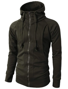 Detailed view of the high-neck hooded design with metal zipper on army green hoodie