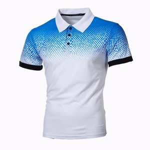 Men's slim fit Polo shirt with blue and white gradient pixel pattern and classic collar