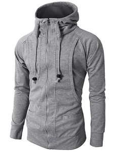 Detail of grey men's zip hoodie with windproof high neck and ribbed cuffs
