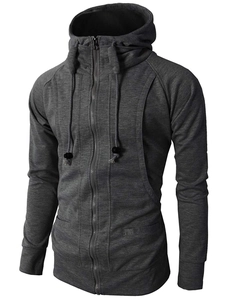 Detailed close-up of dark grey slim-fit hoodie with high-neck hood and black drawstrings