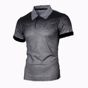 Detail of 3D gradient dot pattern on gray polo shirt with black contrast collar