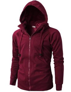 Detailed view of deep wine red hooded cardigan jacket with high quality ribbed cuffs