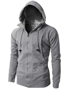 Detail of light grey men's hooded sweatshirt with metal zipper and knitted texture