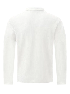 Macro detail of high-end white textured ice silk fabric on men's long sleeve polo shirt