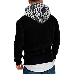 Men's slim black Christmas deer hoodie with Nordic snowflake jacquard hood and layered hem