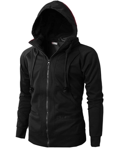 Close-up of slim-fit men's hooded jacket with durable front zipper and jacquard texture