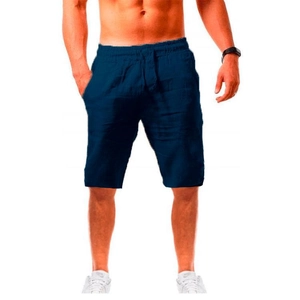 Pantaloncini casual da uomo in cotone e lino blu scuro con elastico e coulisse in vita
