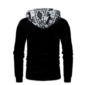 Rear view of black hoodie featuring Christmas reindeer and snowflake pattern on the hood