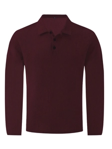 Close-up of ribbed knit texture on a burgundy long sleeve men's polo shirt