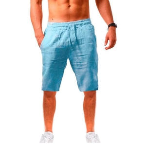 Dettaglio della trama in lino azzurro e della vita con coulisse sui pantaloncini casual uomo