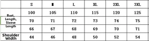 Detailed size chart for men's casual hoodie featuring measurements from S to 3XL