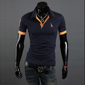 Polo Ajustado para Hombre Manga Corta Mezcla de Algodón Cuello en Contraste Bordado de Jirafa Camiseta Casual