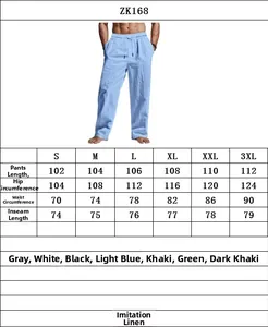 Size chart for men's linen casual pants with measurements for length, waist and hips