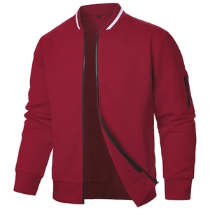 Chaqueta de hombre rojo oscuro con textura de rombos 3D y cuello de rayas blancas